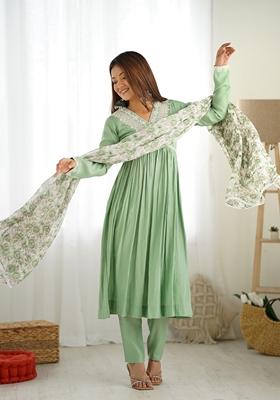 Sea Green Sequin Embroidered Pure Chanderi Anarkali Set