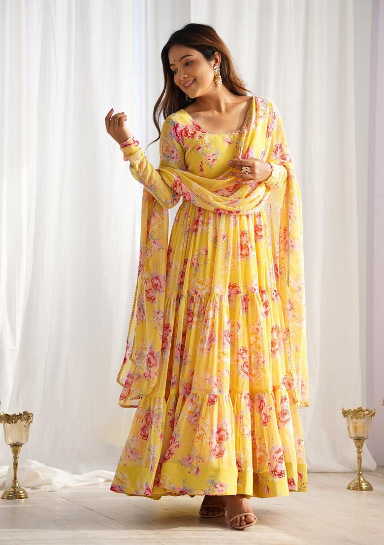 Yellow Floral Print Pure Soft Fox Georgette Anarkali Set