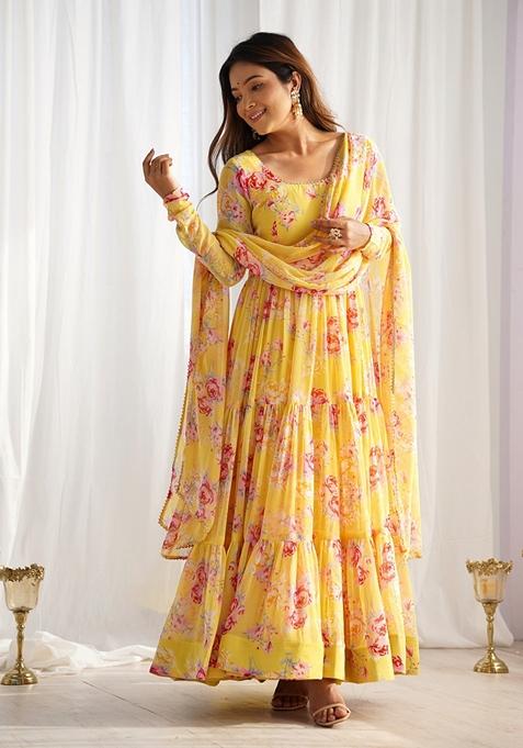 Yellow Floral Print Pure Soft Fox Georgette Anarkali Set