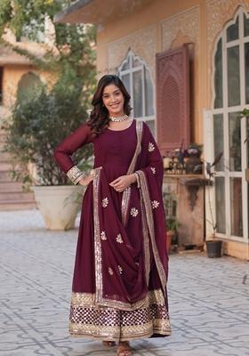 Dark Maroon Floral Print Pure Fox Georgette Anarkali Set