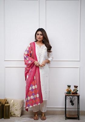 Off White Embroidered Viscose Chanderi Kurta Set
