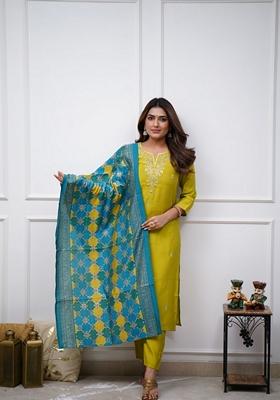 Lemon Yellow Embroidered Viscose Chanderi Kurta Set