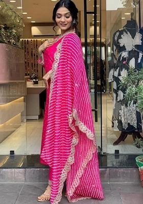 Pink Embroidered Viscose Chanderi Kurta Set