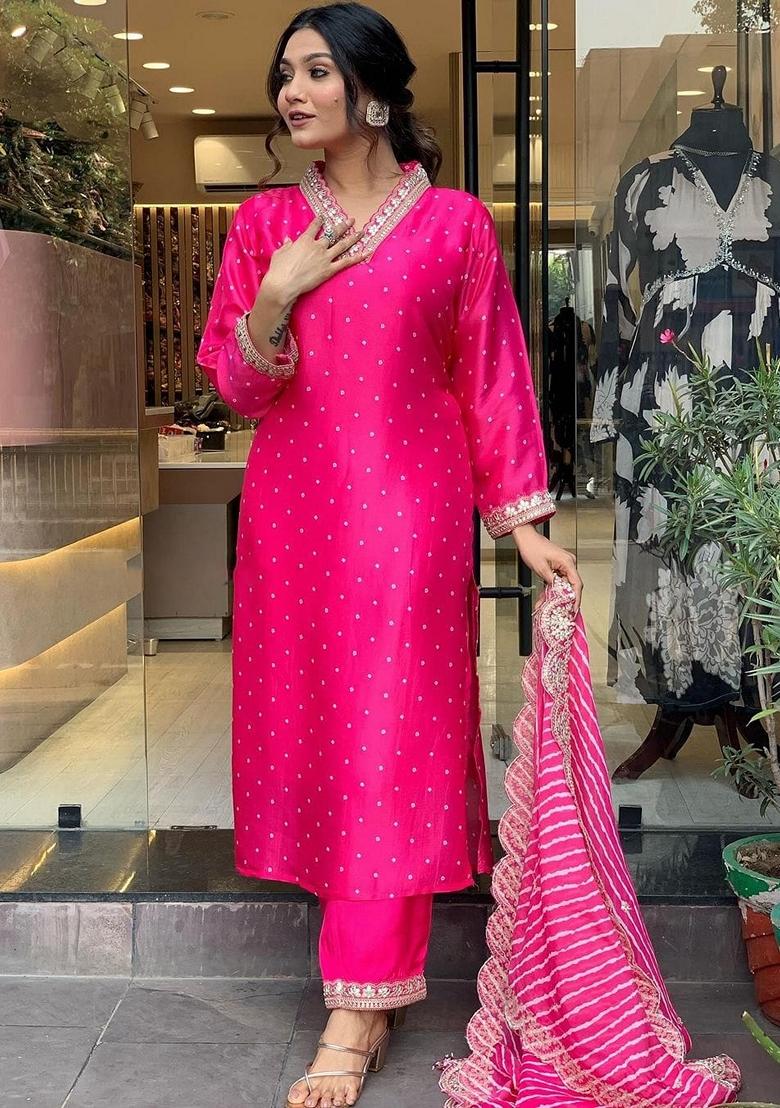 Pink Embroidered Viscose Chanderi Kurta Set