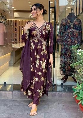 Maroon Embroidered Georgette Kurta Set