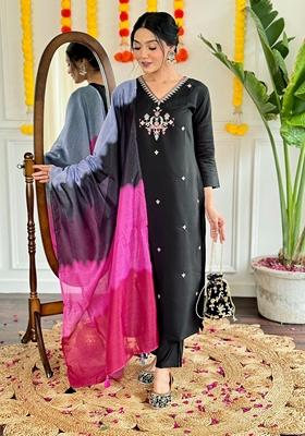 Black Embroidered Viscose Chanderi Kurta Set