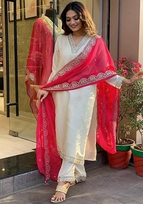 Off White Embroidered Viscose Chanderi Kurta Set