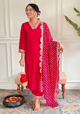 Red Embroidered Viscose Chanderi Kurta Set