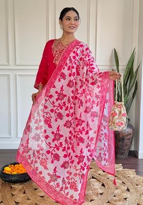 Pink Embroidered Viscose Chanderi Kurta Set