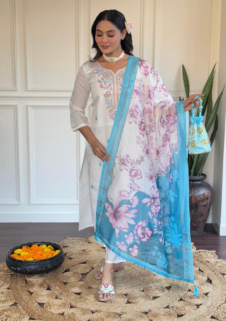 White And Blue Embroidered Viscose Chanderi Kurta Set