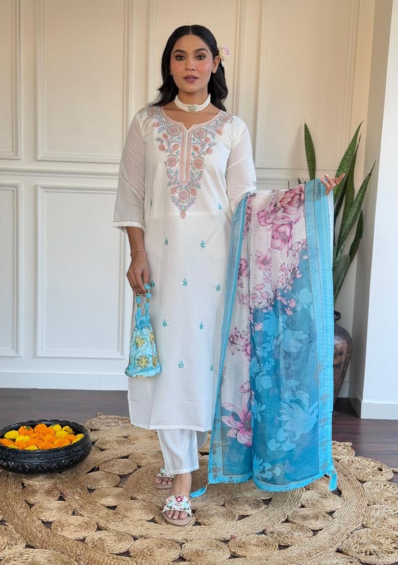 White And Blue Embroidered Viscose Chanderi Kurta Set