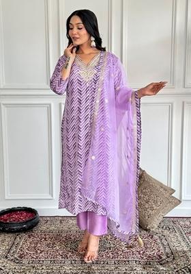 Purple Embroidered Crepe Kurta Set