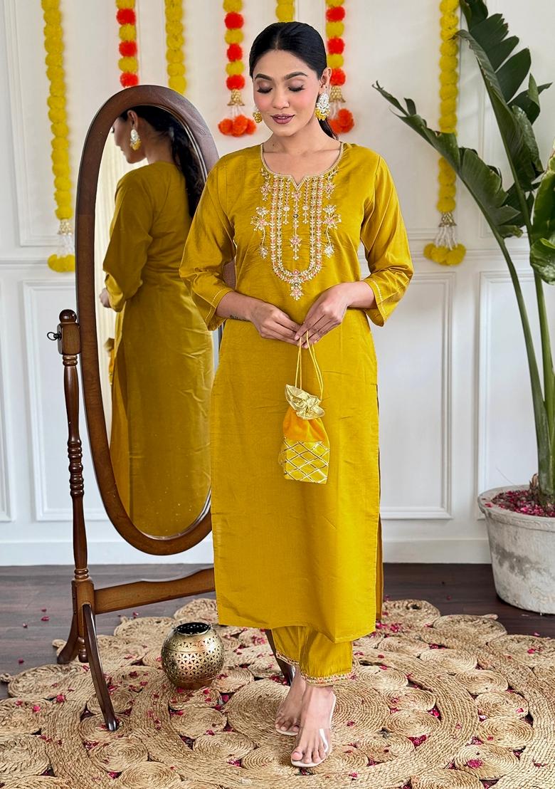 Mustard Embroidered Viscose Chanderi Kurta Set