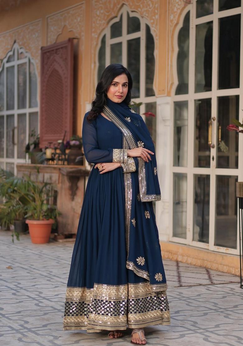 Blue Sequin Zari Embroidered Faux Blooming Anarkali Set