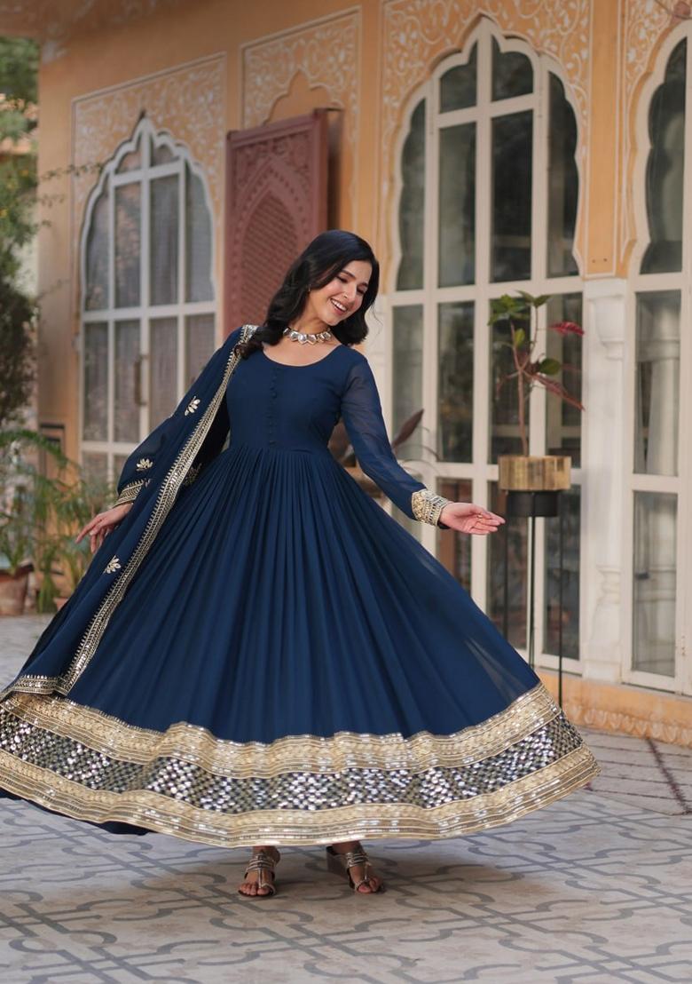 Blue Sequin Zari Embroidered Faux Blooming Anarkali Set