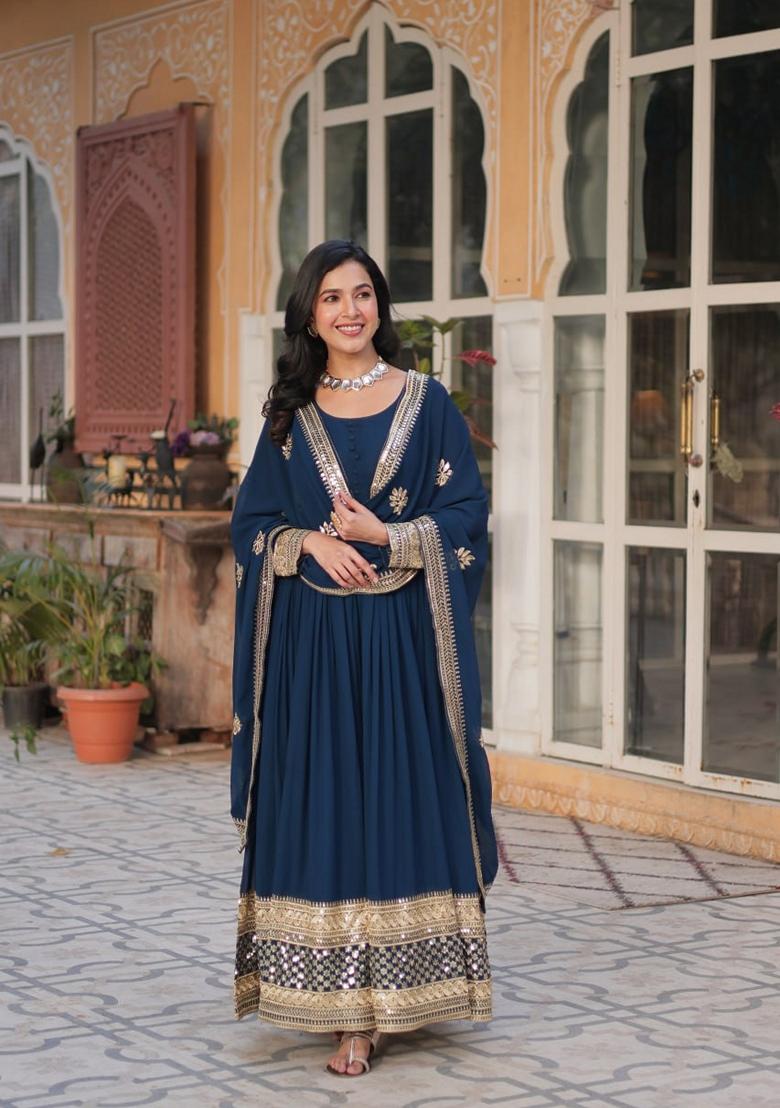 Blue Sequin Zari Embroidered Faux Blooming Anarkali Set