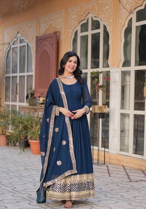 Blue Sequin Zari Embroidered Faux Blooming Anarkali Set