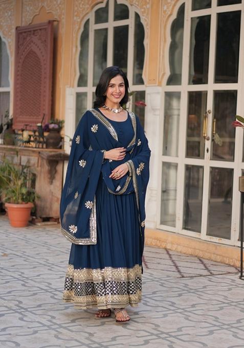 Blue Sequin Zari Embroidered Faux Blooming Anarkali Set