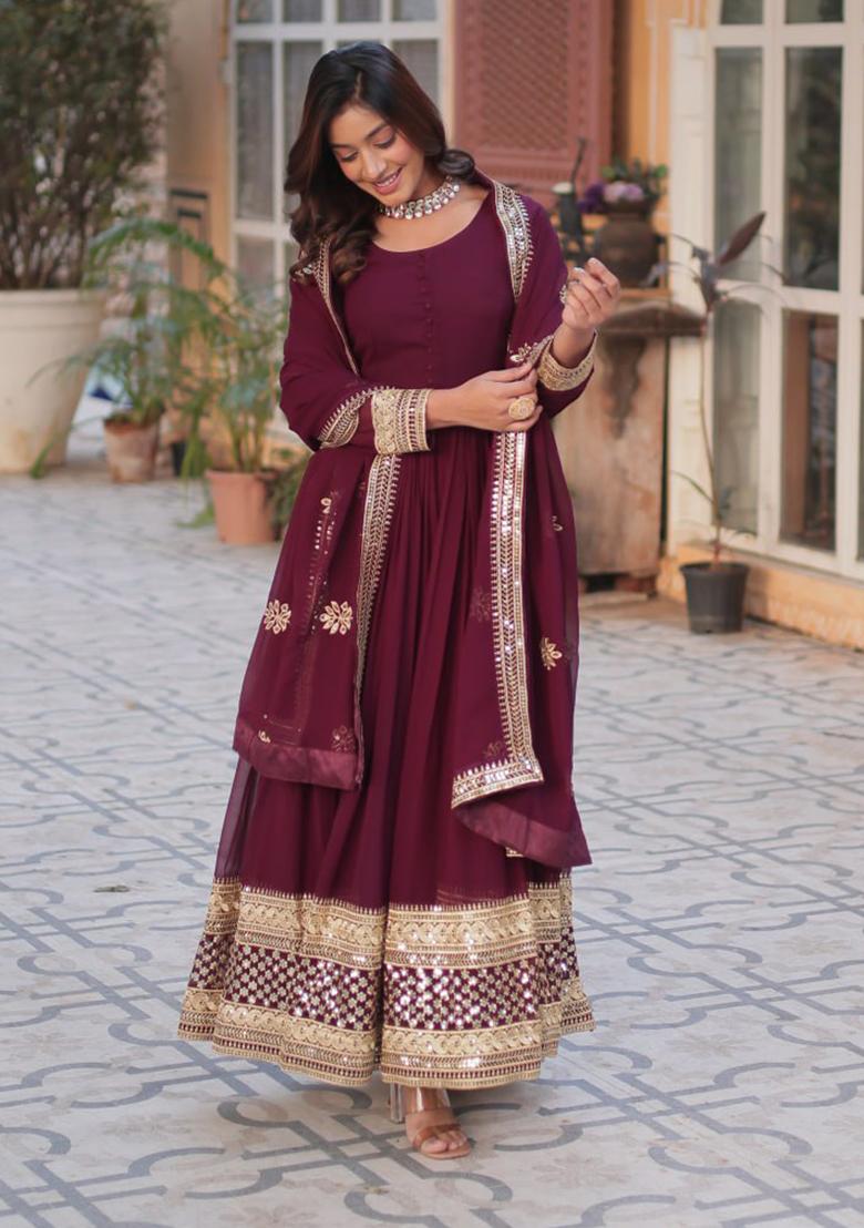 Maroon Sequin Zari Embroidered Faux Blooming Anarkali Set - Indya