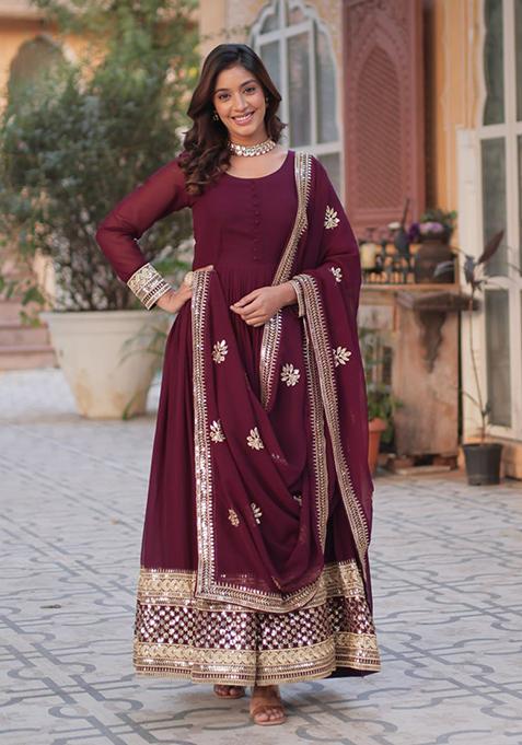 Maroon Sequin Zari Embroidered Faux Blooming Anarkali With Dupatta