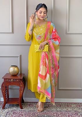 Mustard Embroidered Viscose Kurta Set