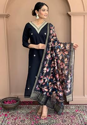 Black Embroidered Rayon Kurta Set