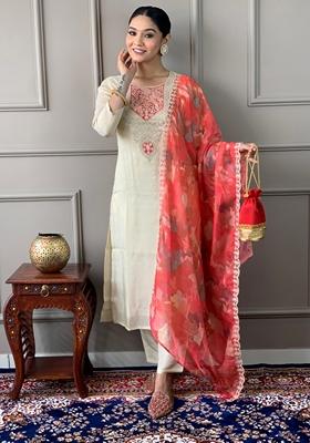 Cream Embroidered Chanderi Silk Kurta Set