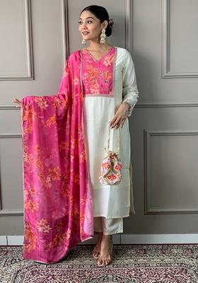 Pink Embroidered Chanderi Silk Kurta Set