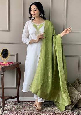 White Embroidered Viscose Blend Kurta Set