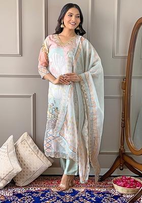 Pista Green Embroidered Organza Kurta Set