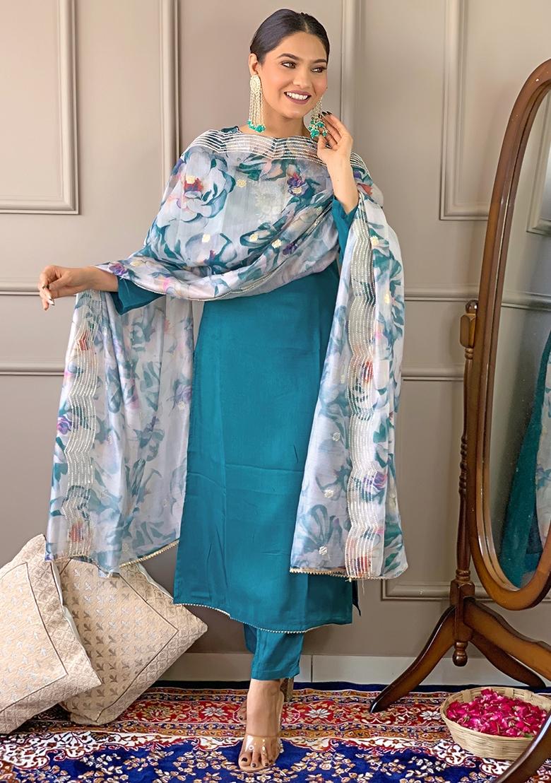 Rama Blue Embroidered Viscose Kurta Set