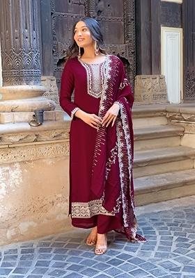 Wine Embroidered Vichitra Silk Kurta Set