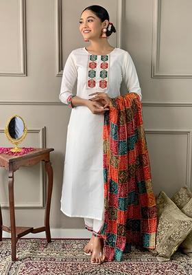 Off White Embroidered Viscose Kurta Set
