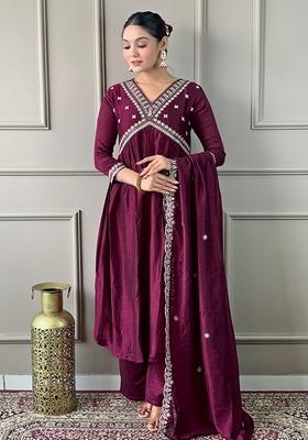 Wine Embroidered Vichitra Silk Kurta Set