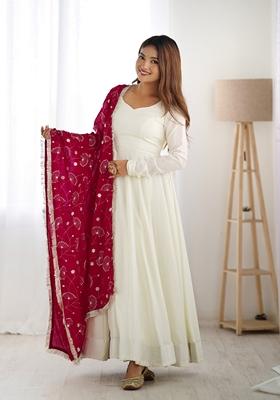 Off White Solid Soft Vichitra Anarkali Set