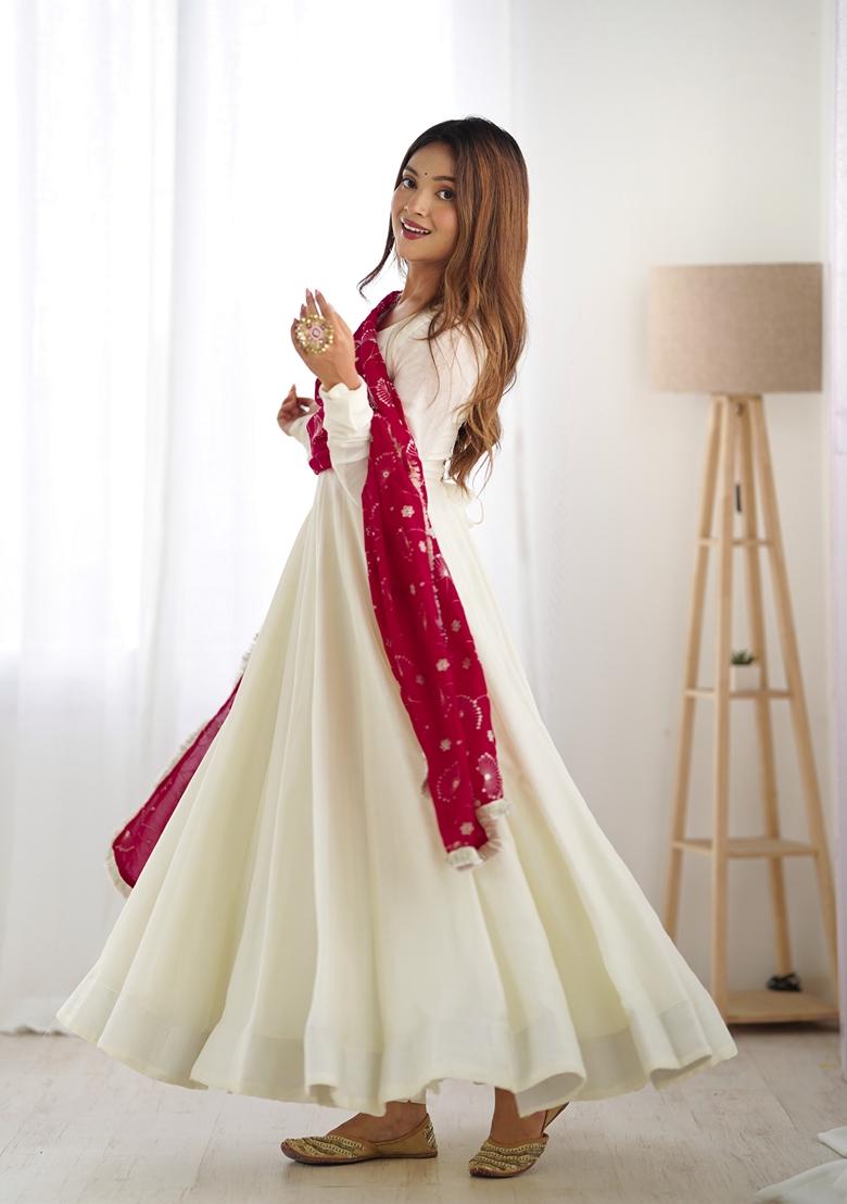 Off White Solid Soft Vichitra Anarkali Set - Indya