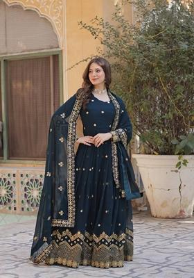 Teal Blue Sequin Zari Embroidered Faux Blooming Georgette Anarkali Set