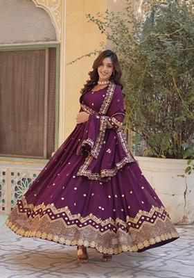 Wine Sequin Zari Embroidered Faux Blooming Georgette Anarkali Set