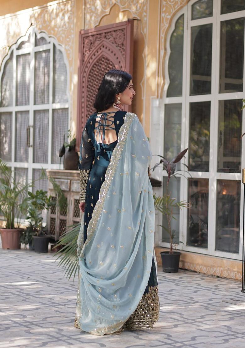 Teal Blue Sequin Zari Embroidered Faux Blooming Anarkali Set