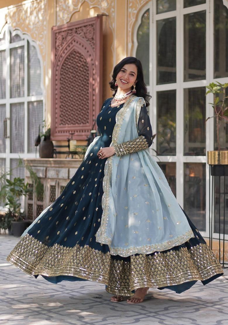 Teal Blue Sequin Zari Embroidered Faux Blooming Anarkali Set