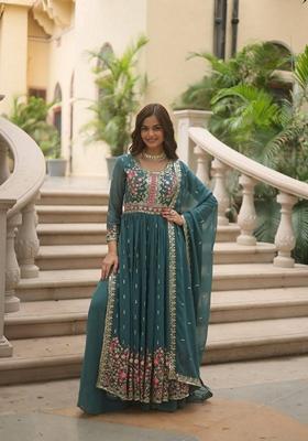 Teal Blue Sequin Embroidered Faux Georgette Sharara Set