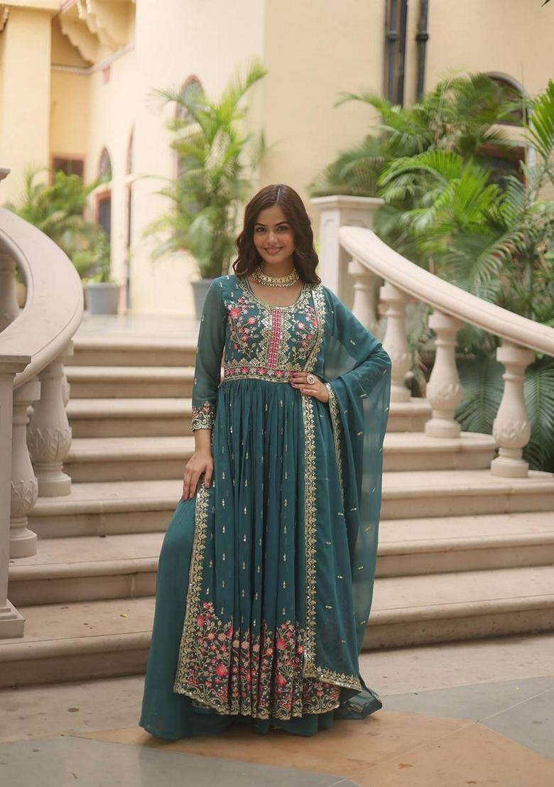 Teal Blue Sequin Embroidered Faux Georgette Sharara Set