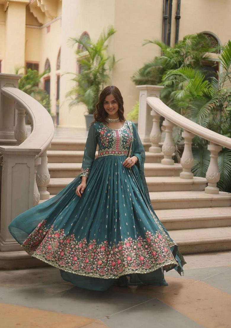 Teal Blue Sequin Embroidered Faux Georgette Sharara Set
