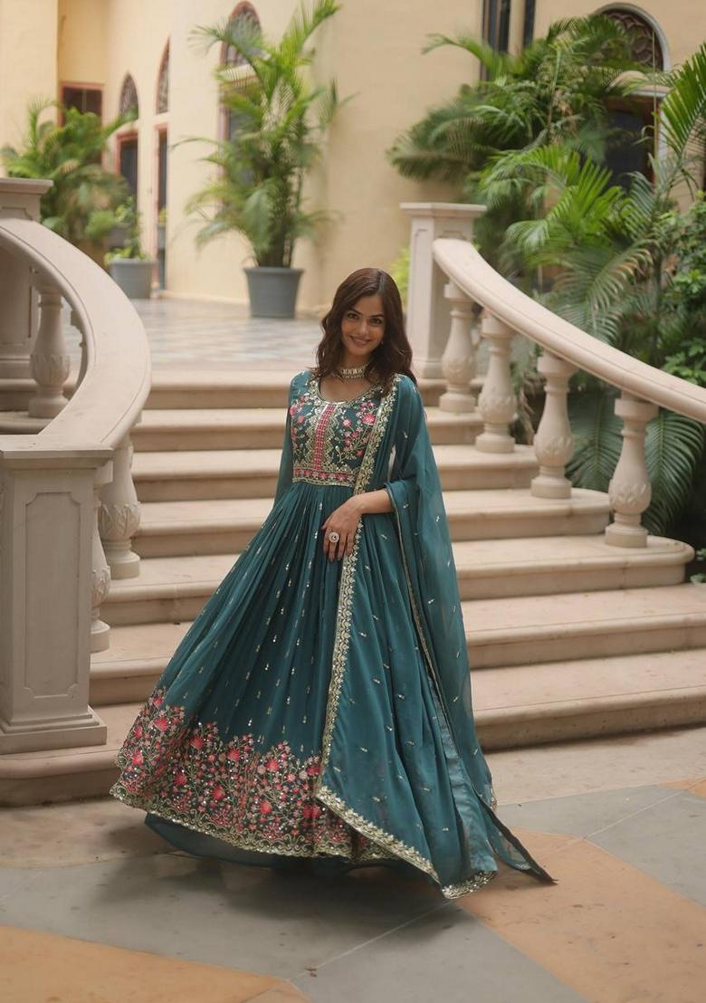 Teal Blue Sequin Embroidered Faux Georgette Sharara Set