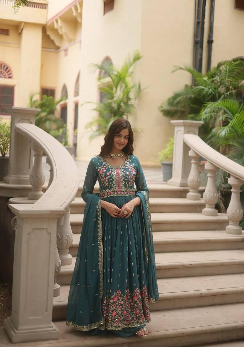 Teal Blue Sequin Embroidered Faux Georgette Sharara Set