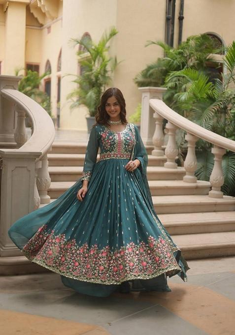 Teal Blue Sequin Embroidered Faux Georgette Sharara Set