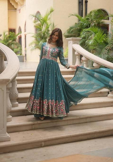 Teal Blue Sequin Embroidered Faux Georgette Sharara Set
