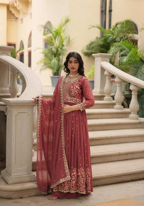 Peach Sequin Embroidered Faux Georgette Sharara Set
