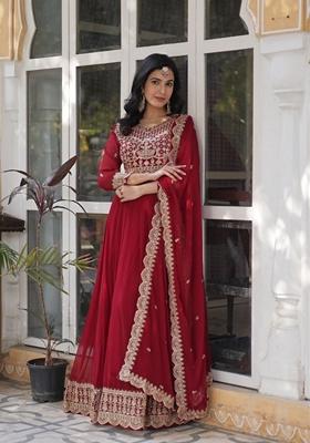 Maroon Sequin Zari Embroidered Faux Blooming Anarkali Set