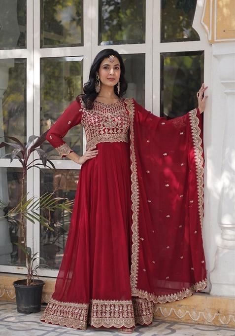 Maroon Sequin Zari Embroidered Faux Blooming Anarkali Set